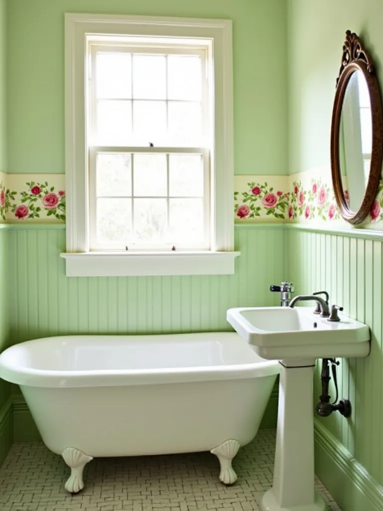 Vintage bathroom with floral wallpaper border defining the upper wall, creating a charming and cohesive design.
