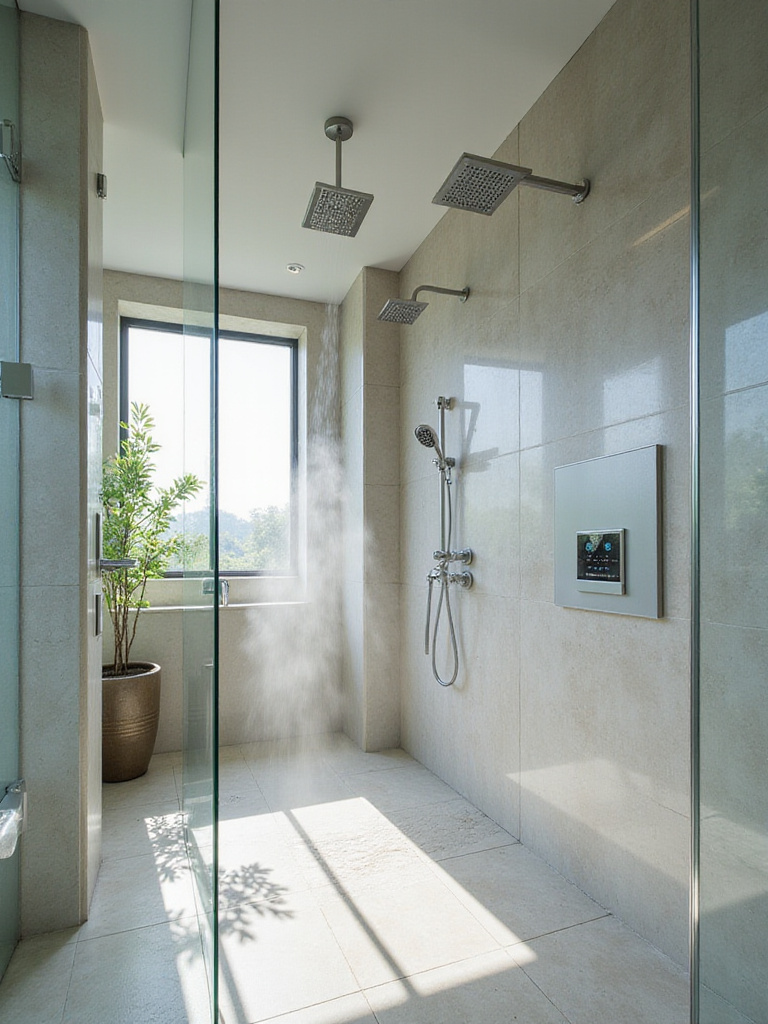 Luxurious modern bathroom featuring a multi-head shower with digital temperature and flow controls.