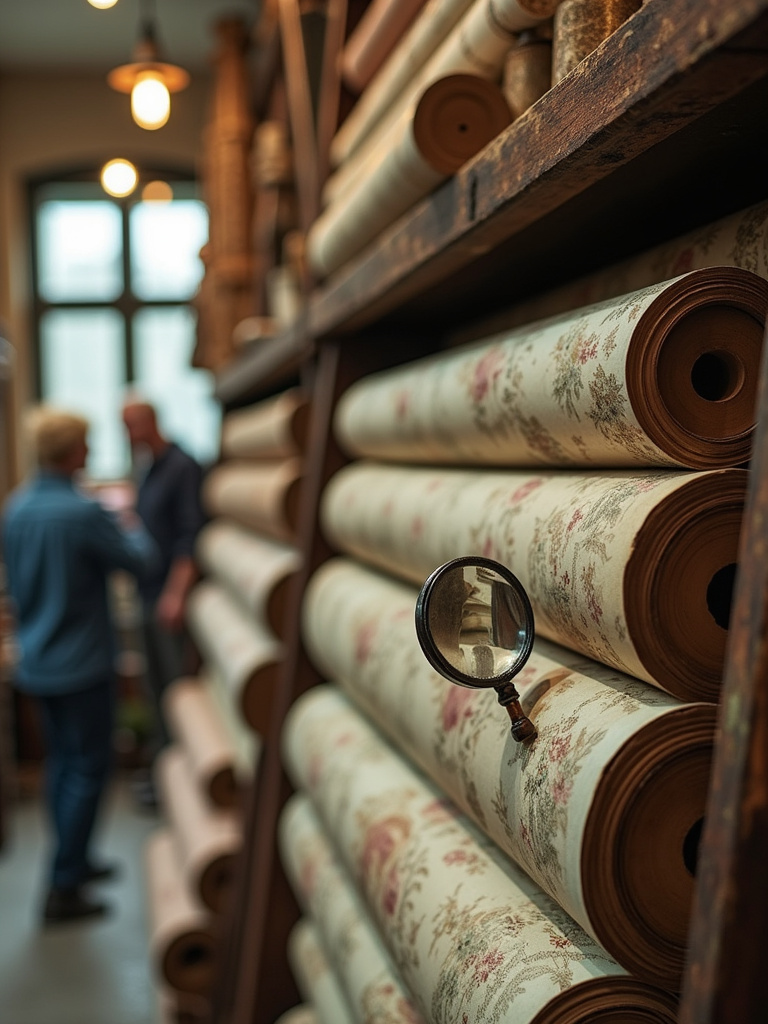 Searching for authentic vintage wallpaper in an antique shop