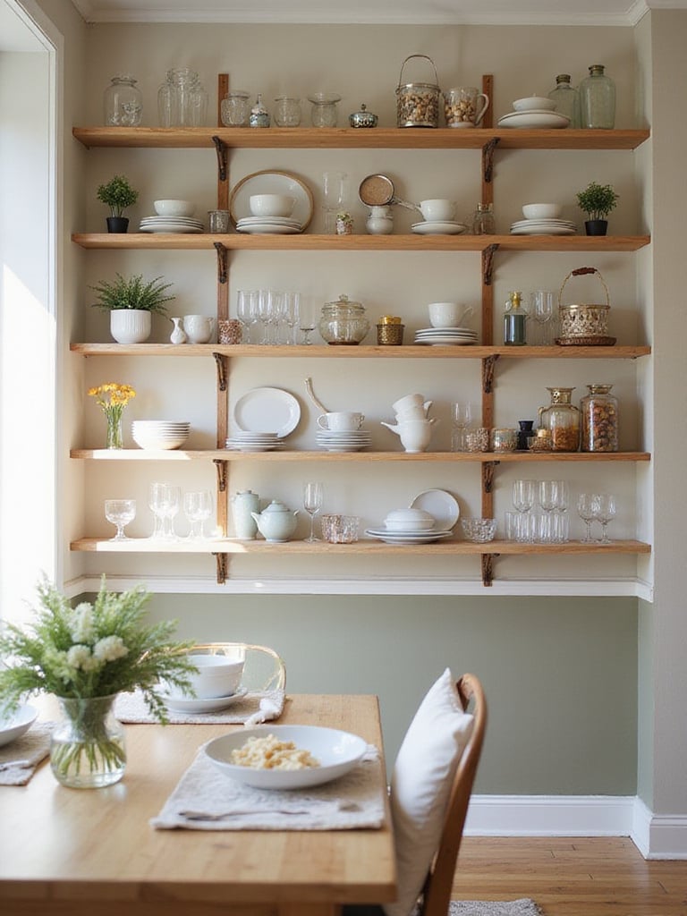 Dining room with open shelving displaying dinnerware and decorative items