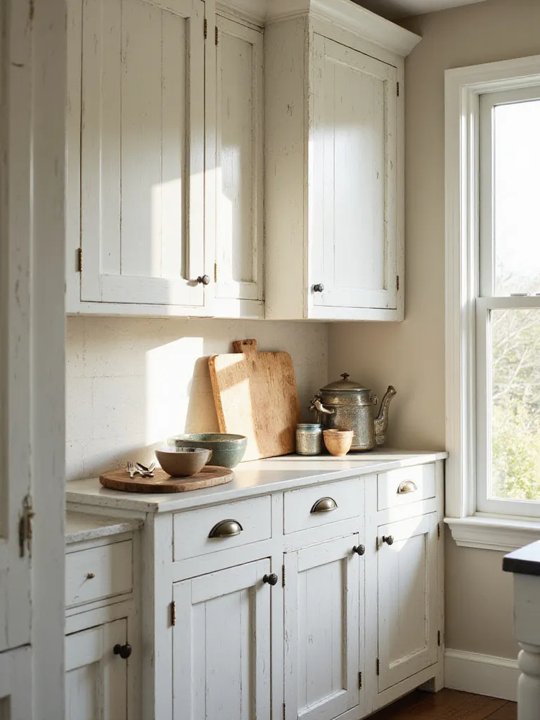 Farmhouse kitchen cabinets with a distressed white finish