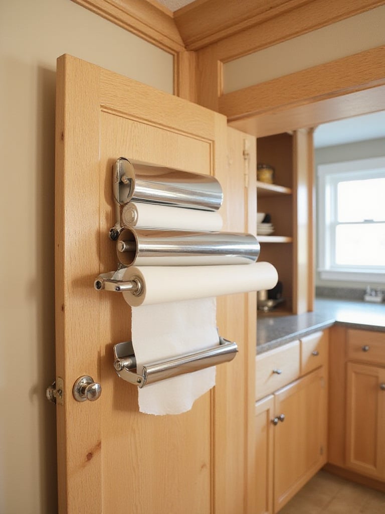 Door-mounted wrap dispenser holding aluminum foil, plastic wrap, and parchment paper inside a kitchen cabinet.