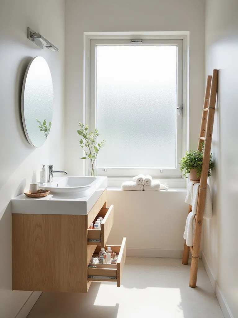 Small bathroom featuring a floating vanity with built-in storage, a round LED mirror, and a decorative bamboo ladder for towels.
