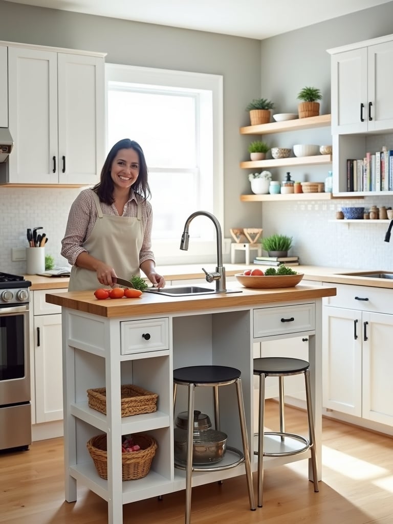 Small kitchen with multi-functional island featuring prep space, sink, storage, and breakfast bar.