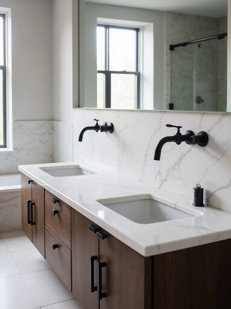 Modern luxury bathroom with dark wood double vanity and matte black wall-mounted faucets.