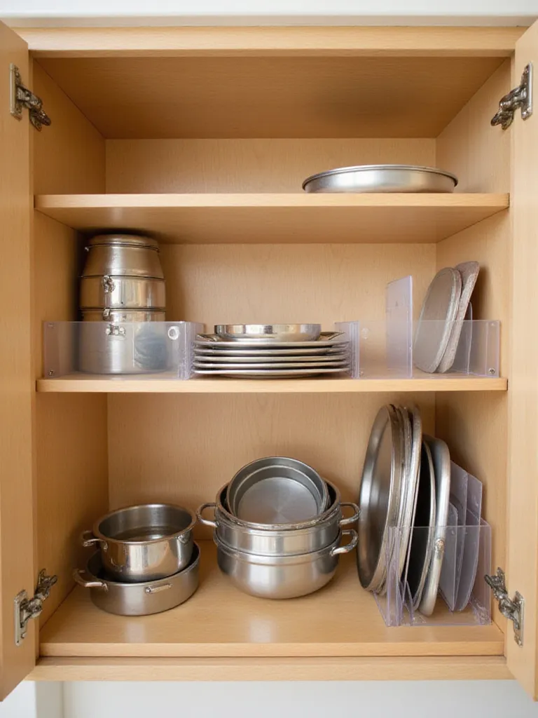 Kitchen cabinet with clear acrylic shelf dividers organizing baking sheets and pans