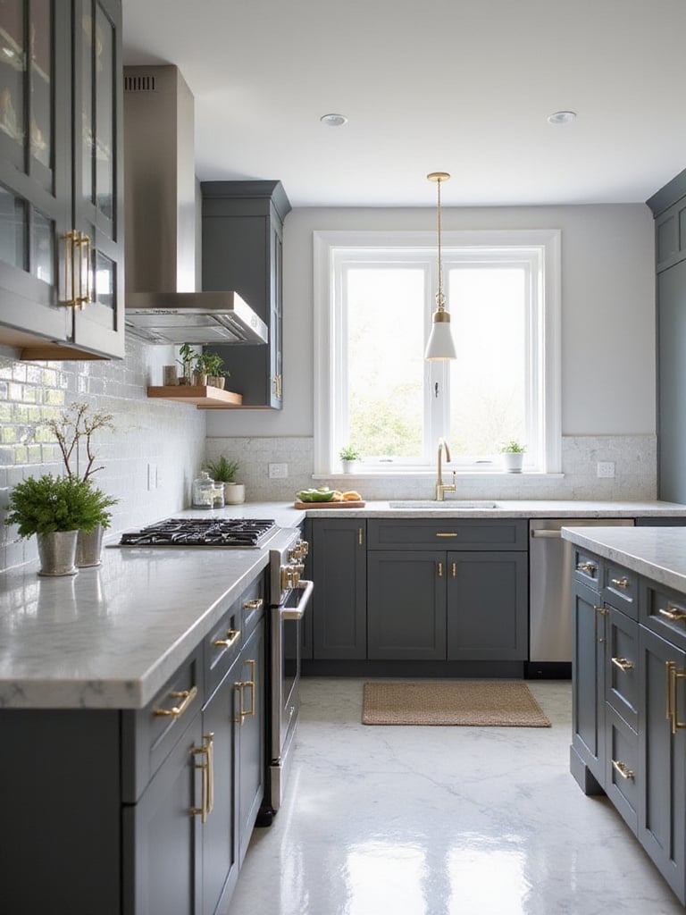 Charcoal gray kitchen cabinets with white marble countertops and brass hardware
