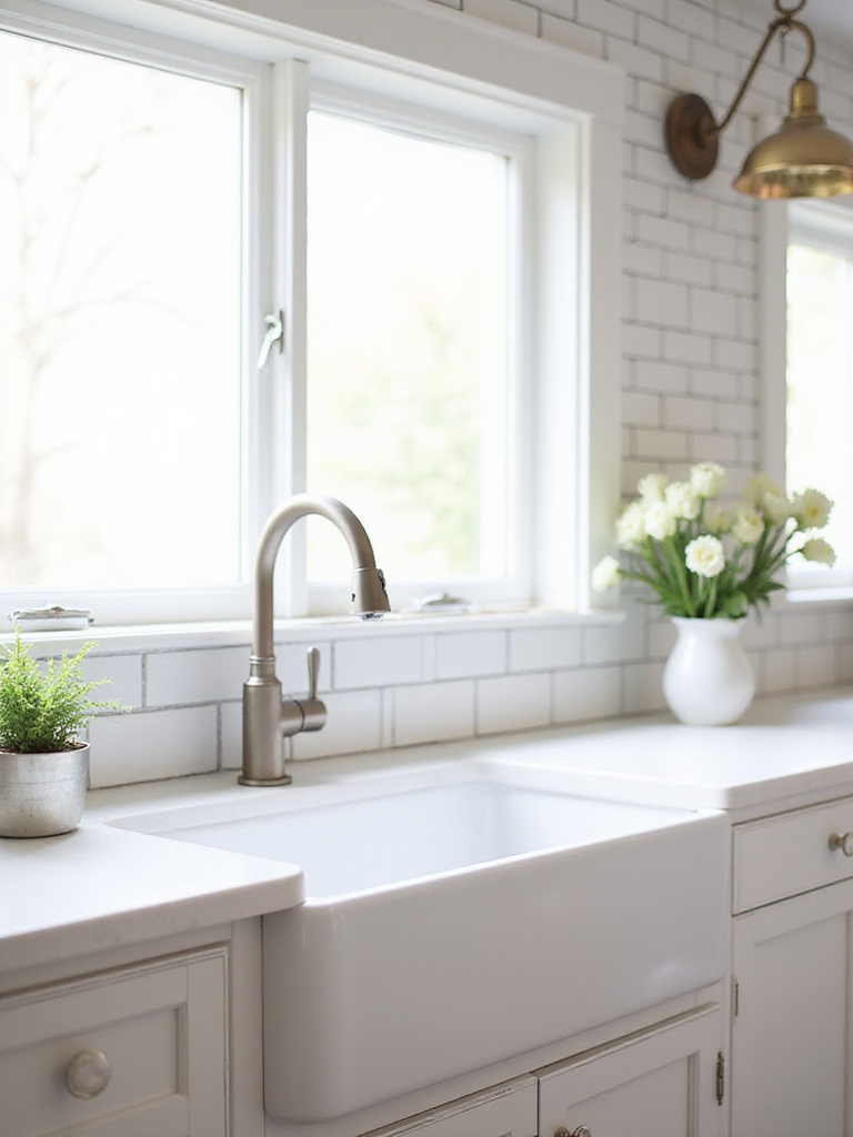 White farmhouse kitchen with subway tile backsplash extending to the ceiling behind the sink.