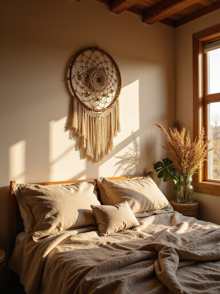 Boho bedroom with dream catcher hanging above bed