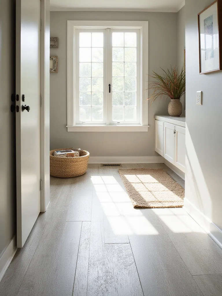 Durable light gray porcelain tile mudroom flooring with a woven rug.