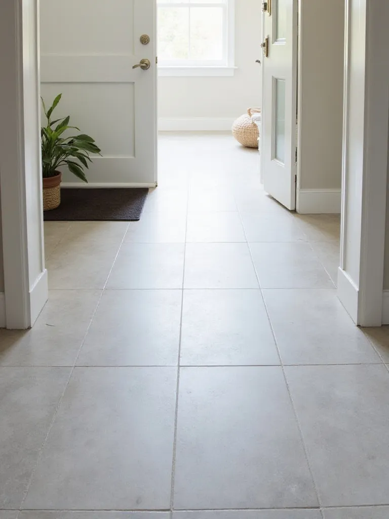 Easy-clean light gray porcelain tile flooring in a modern mudroom.