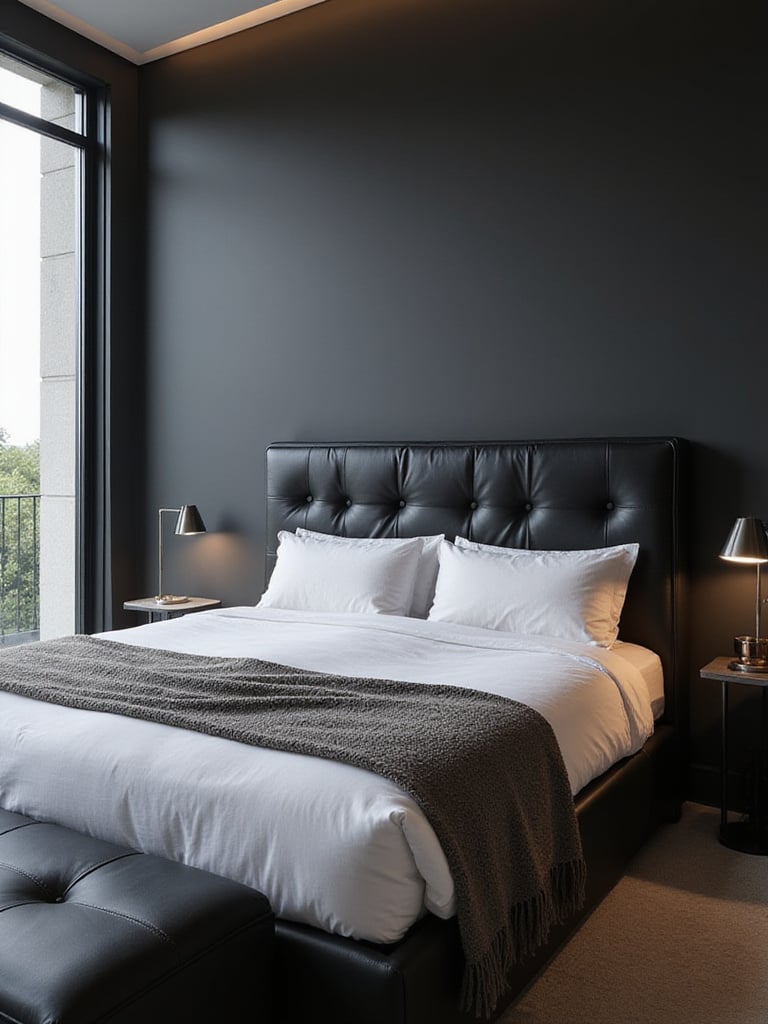 Black leather tufted headboard in a modern, elegantly designed bedroom.