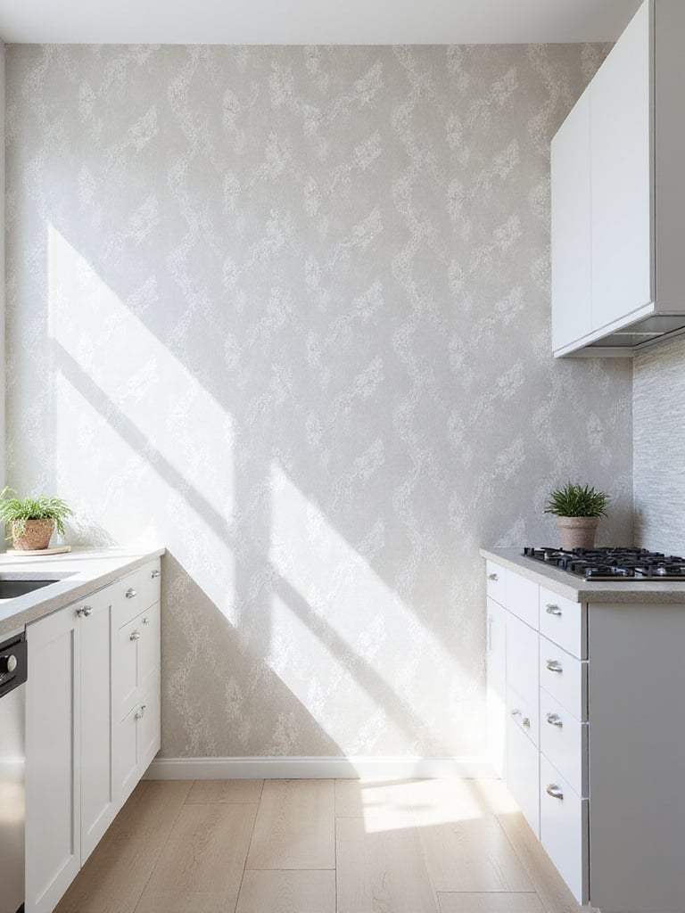 Modern kitchen with white cabinets and geometric patterned wallpaper accent wall