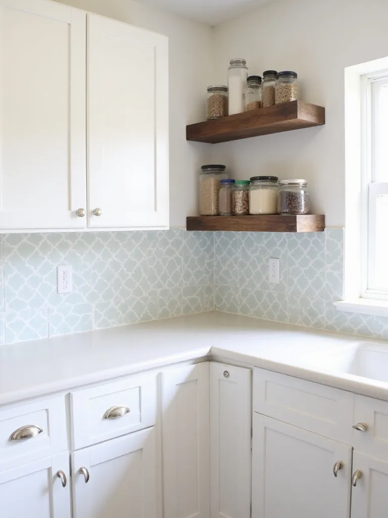 DIY kitchen upgrade with painted cabinets, new hardware, and peel-and-stick backsplash.