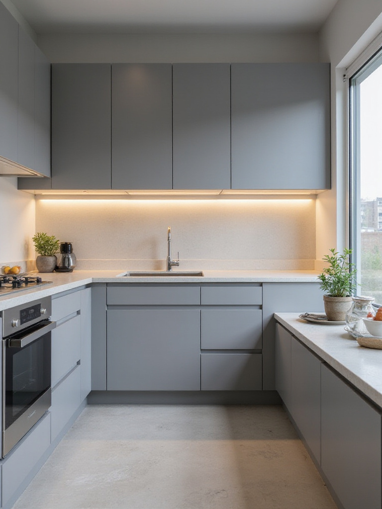 Modern kitchen with sleek, handleless gray cabinets and light quartz countertops.