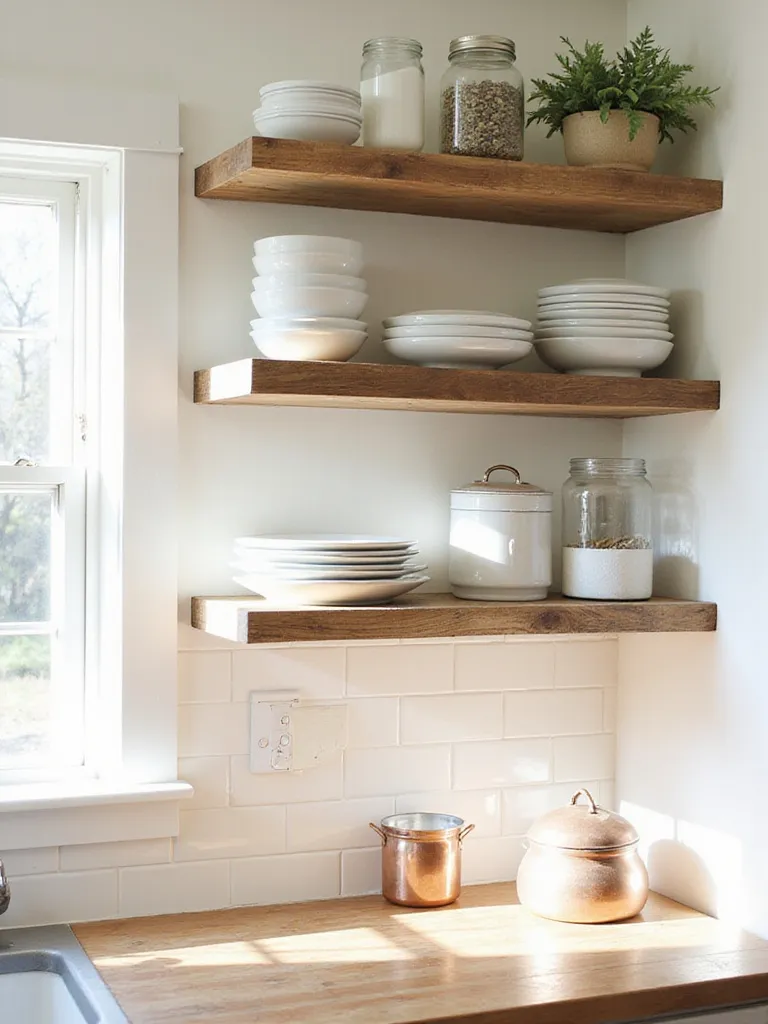 Modern farmhouse kitchen with reclaimed wood open shelving displaying dishes and cookware.