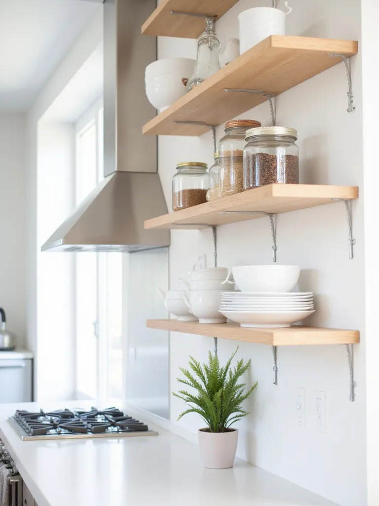 Modern kitchen with budget-friendly open shelving displaying dishes and spices.