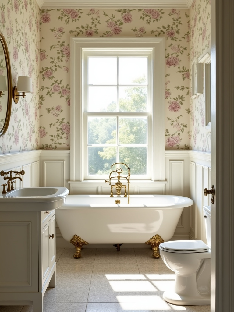 Vintage bathroom with floral wallpaper, clawfoot tub, and brass fixtures.
