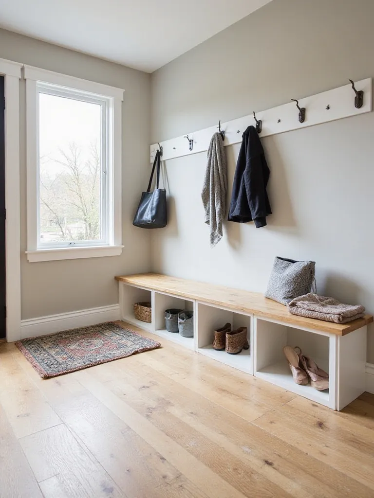 Light engineered hardwood flooring in a modern mudroom.