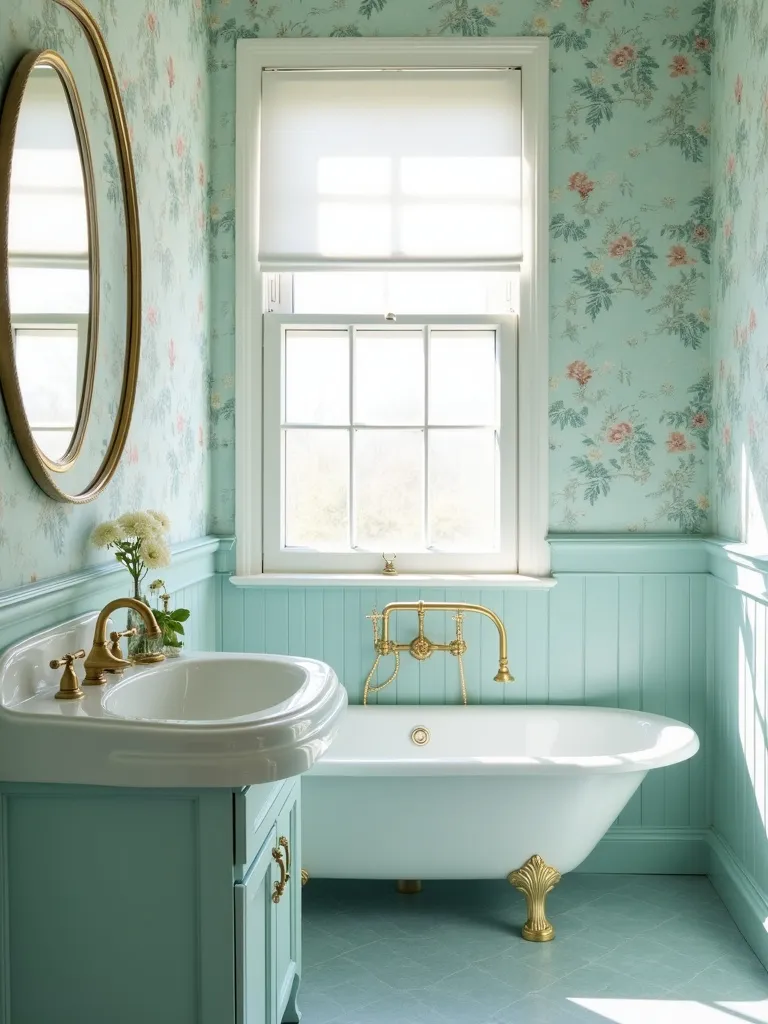 Vintage bathroom with light blue floral wallpaper enhancing natural light