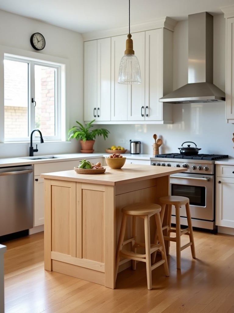Small kitchen with light wood drop-leaf kitchen island providing extra counter space and seating.