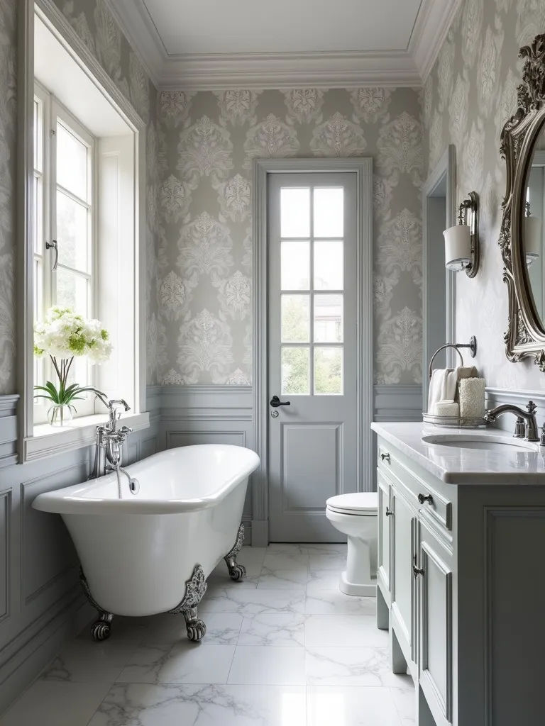 Monochrome gray damask wallpaper in a vintage-style bathroom with clawfoot tub and chrome fixtures.