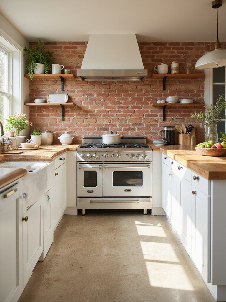 Farmhouse kitchen with exposed brick backsplash.