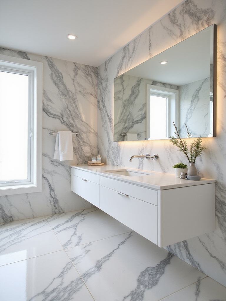 Luxurious modern bathroom with Calacatta marble countertop and backsplash.