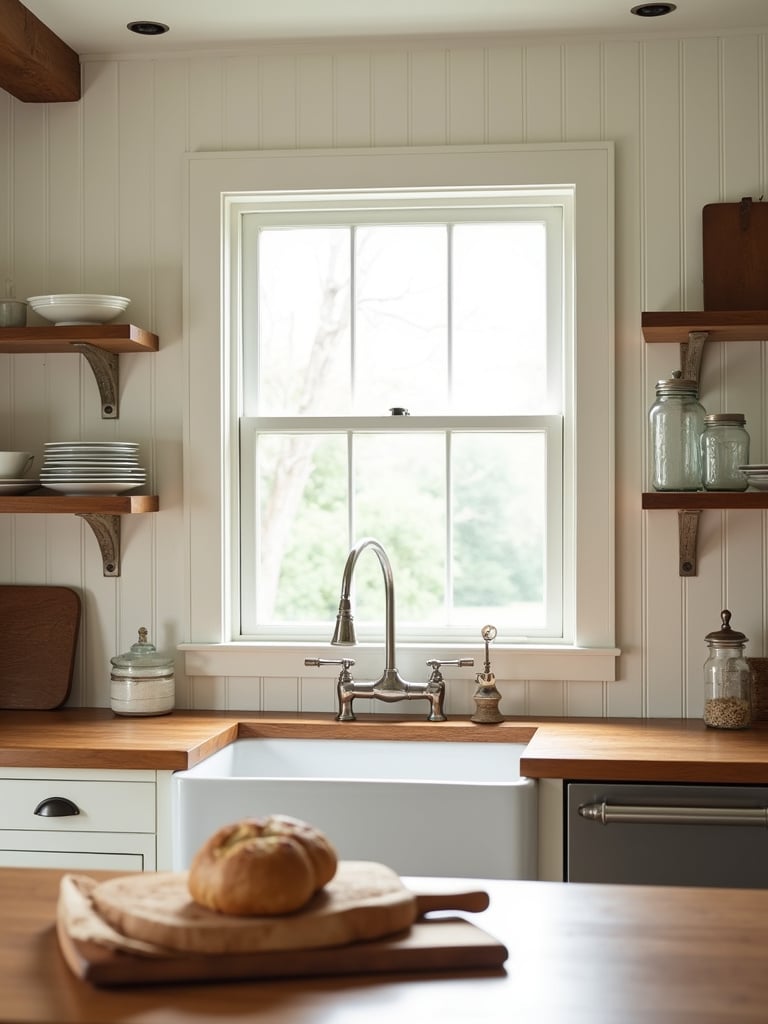Farmhouse kitchen with white beadboard cabinets and vintage-inspired decor