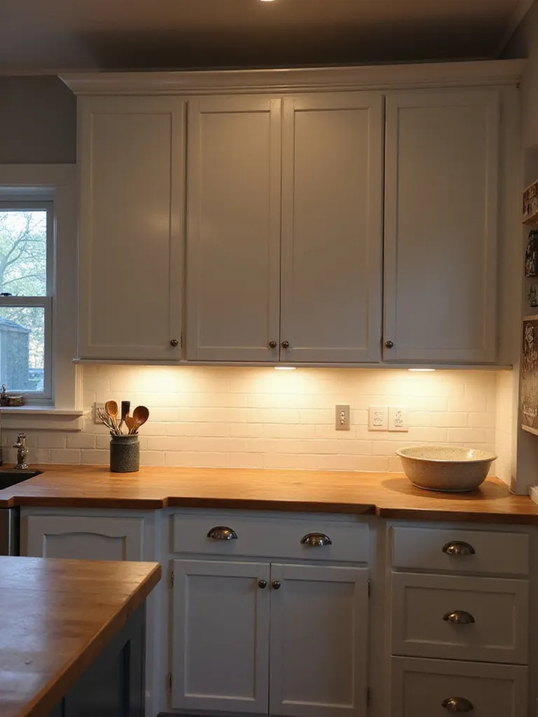 Farmhouse kitchen with shaker cabinets and strategic under-cabinet lighting.
