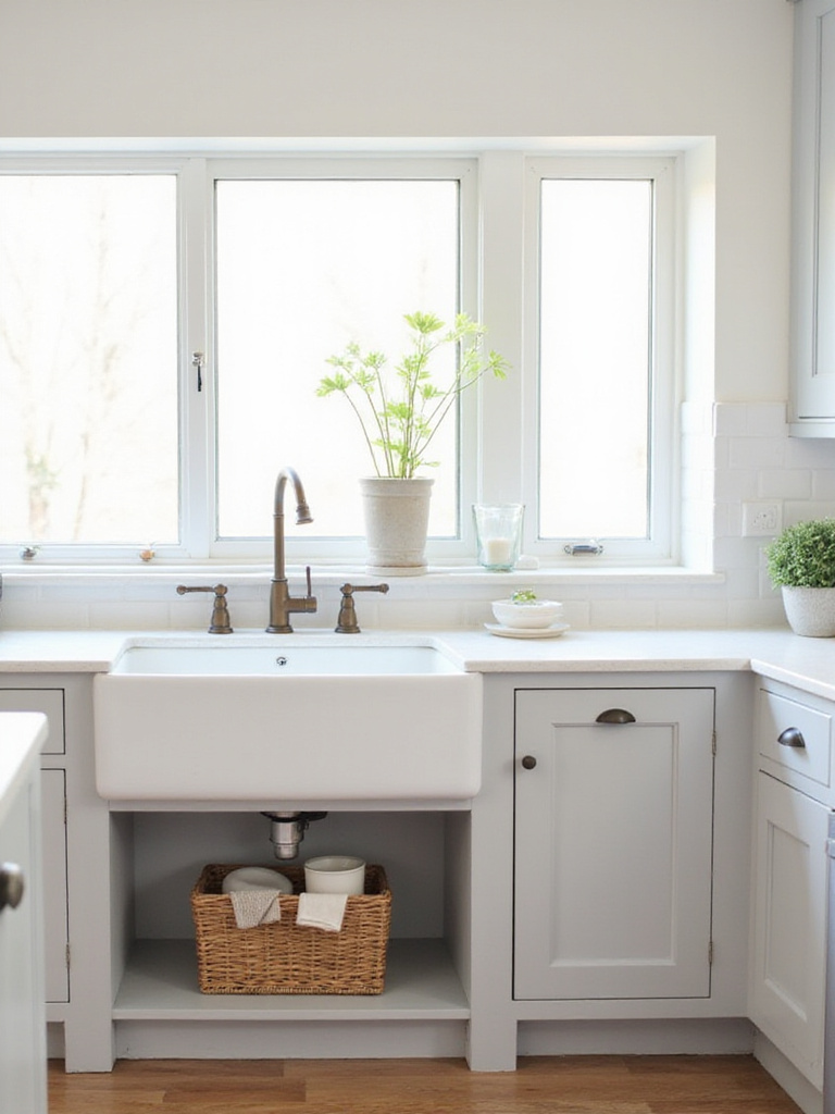 Farmhouse kitchen with white farmhouse sink and light gray Shaker cabinet