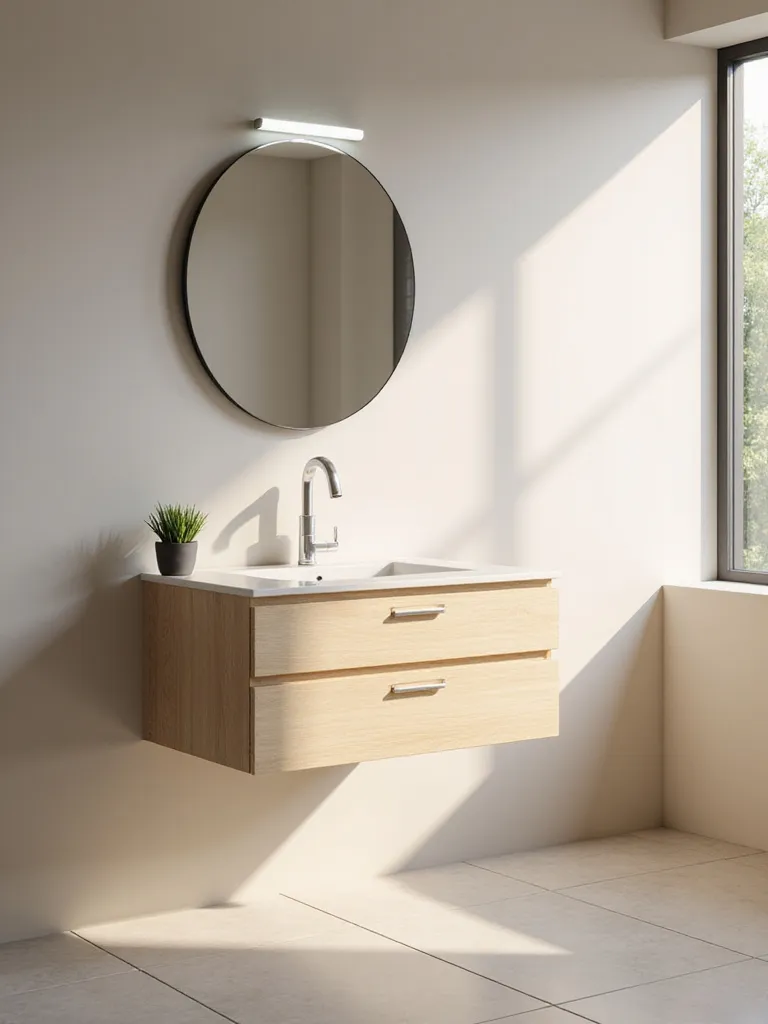A modern bathroom design featuring a wall-mounted vanity with a drawer, showcasing the spaciousness it creates.