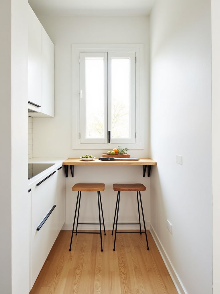 Small kitchen featuring a wall-mounted shelf island for space-saving functionality.