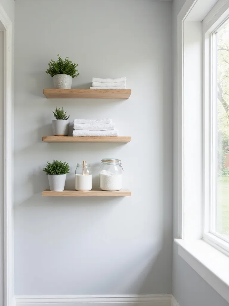 Modern bathroom with light wood floating shelves displaying towels, plants, and bath accessories.