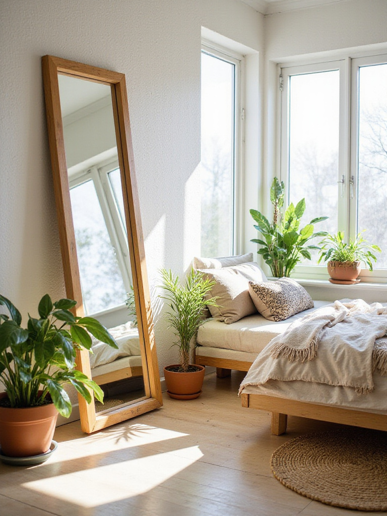 Boho bedroom with a wooden framed floor mirror reflecting light and plants.