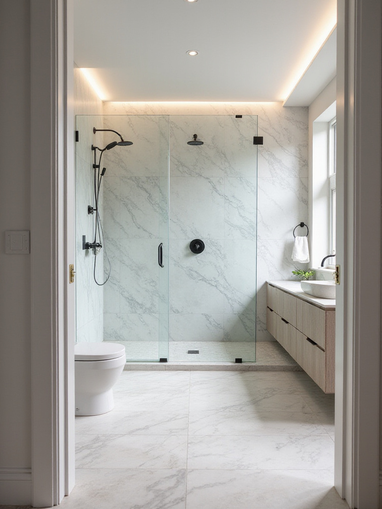 Modern luxury bathroom with floor-to-ceiling glass shower enclosure.