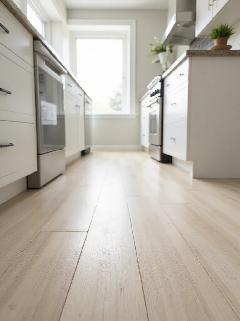 Affordable wood-look vinyl plank flooring in a modern kitchen.