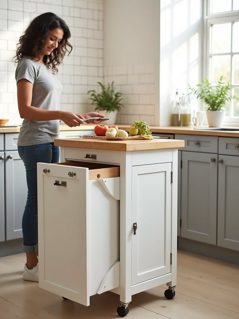 Foldable kitchen island in a small kitchen, maximizing space and providing extra counter space when needed