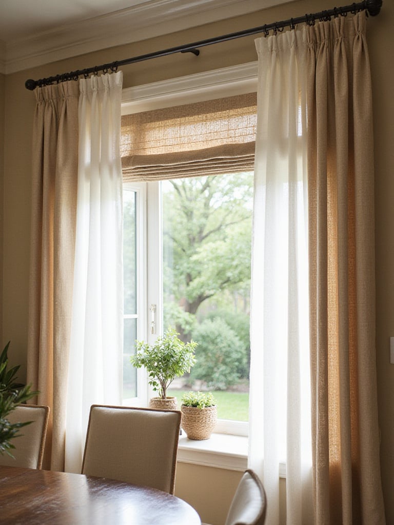 Dining room with layered window treatments: sheer curtains and linen drapes.