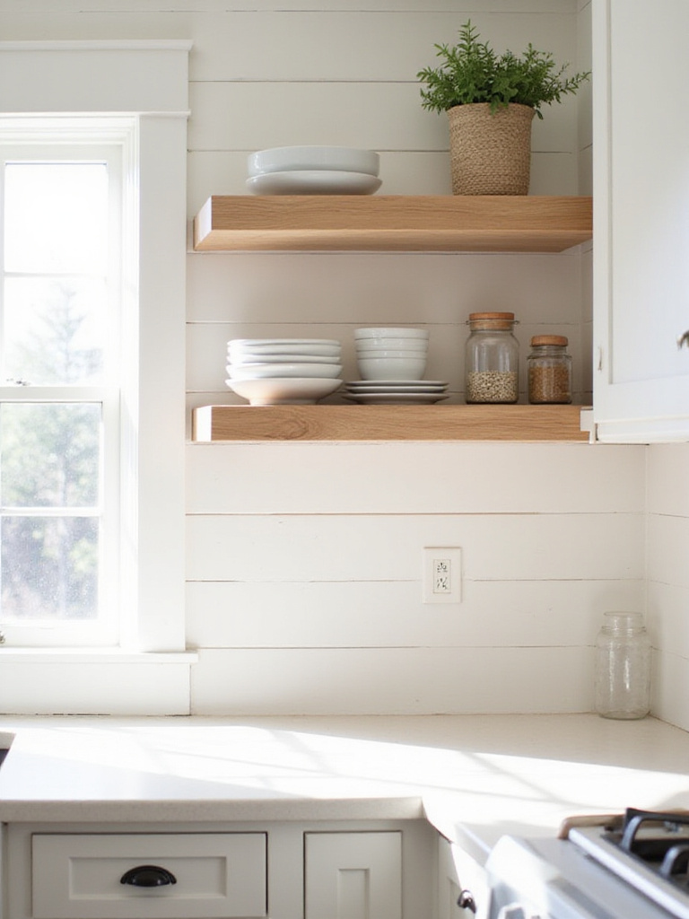 Farmhouse kitchen backsplash with functional open shelving for storage and style.