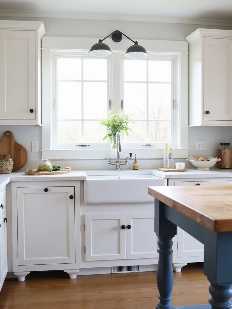 Farmhouse kitchen with white shaker cabinets featuring turned legs on sink base and dark blue tapered legs on kitchen island.