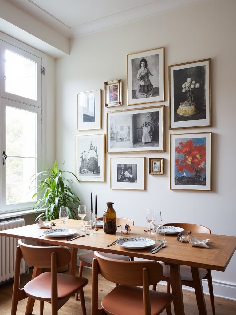 Dining room with gallery wall featuring a mix of art and personal photos.
