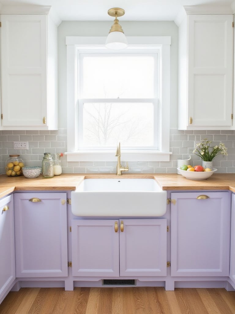 Calming kitchen design with soft lavender cabinets and white countertops.