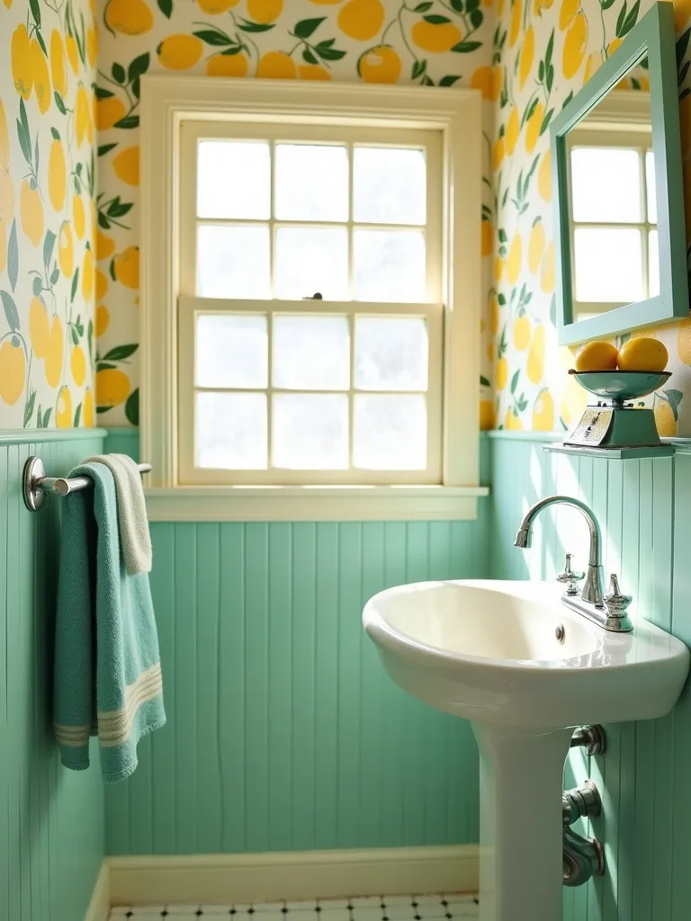 Bathroom with vintage lemon wallpaper, retro faucet, and kitchen scale for a 1950s kitchen-inspired look.