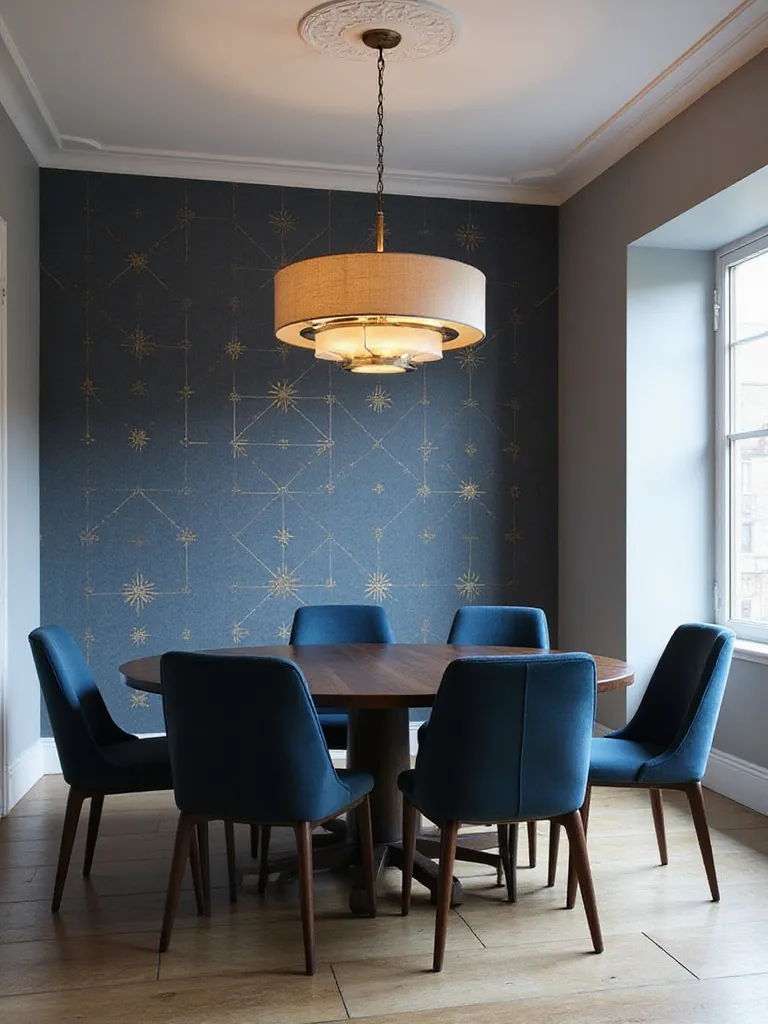Dining room with navy blue and gold geometric wallpaper accent wall.