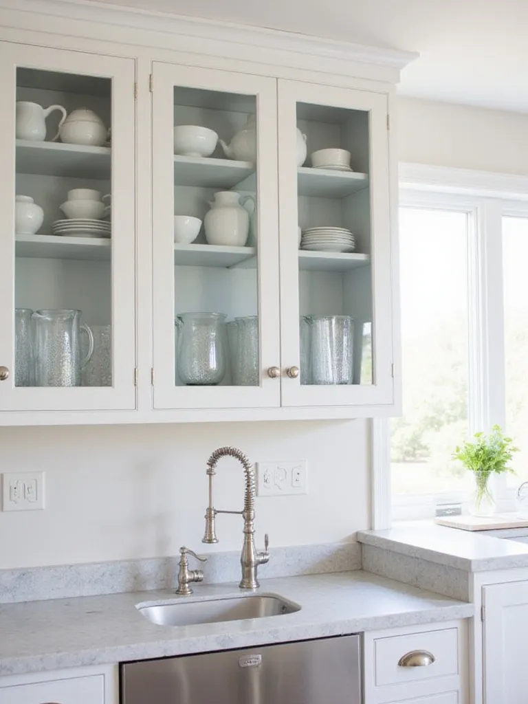 Modern kitchen with white shaker cabinets and glass-front cabinets displaying elegant dishware.