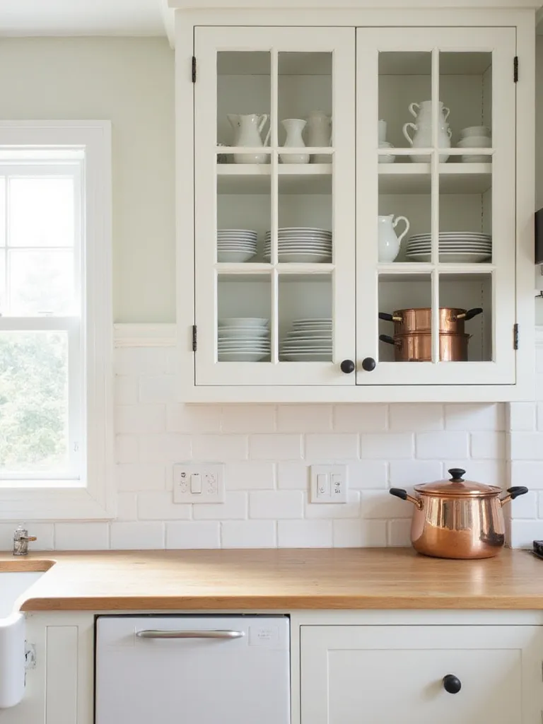 Farmhouse kitchen with white shaker cabinets and glass-front cabinets showcasing vintage dishware.