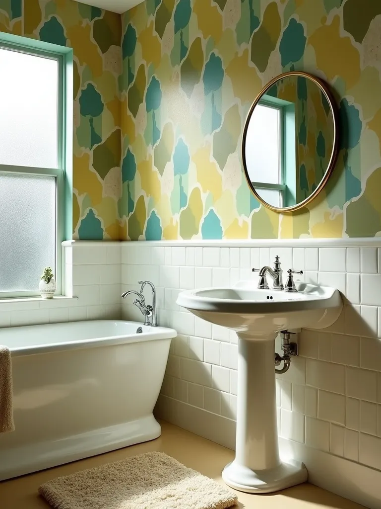Vintage bathroom with bold geometric hexagon wallpaper in teal, mustard yellow, and cream.