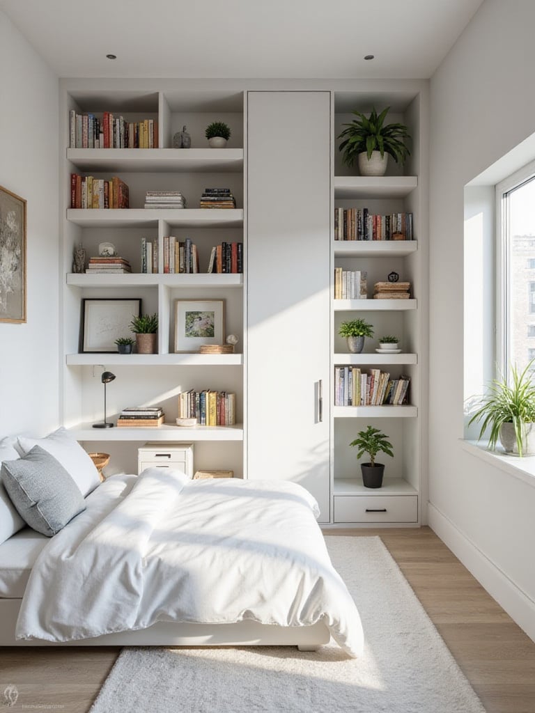Small bedroom with vertical storage solutions including tall bookcase and floating shelves.