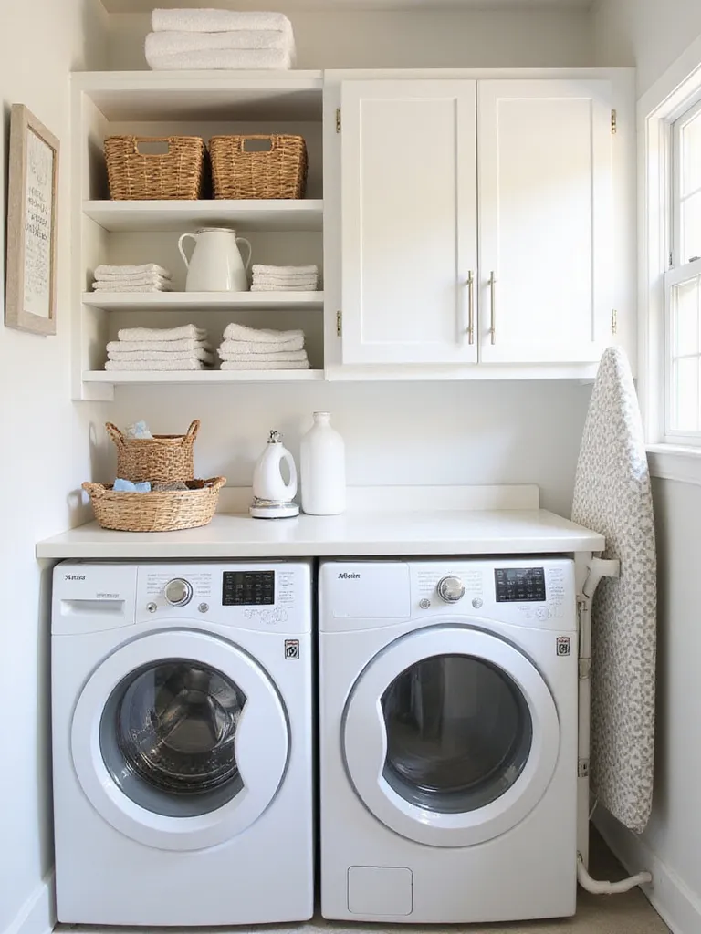 Small laundry room with floor-to-ceiling white shelving units and wall-mounted cabinets maximizing vertical storage space.